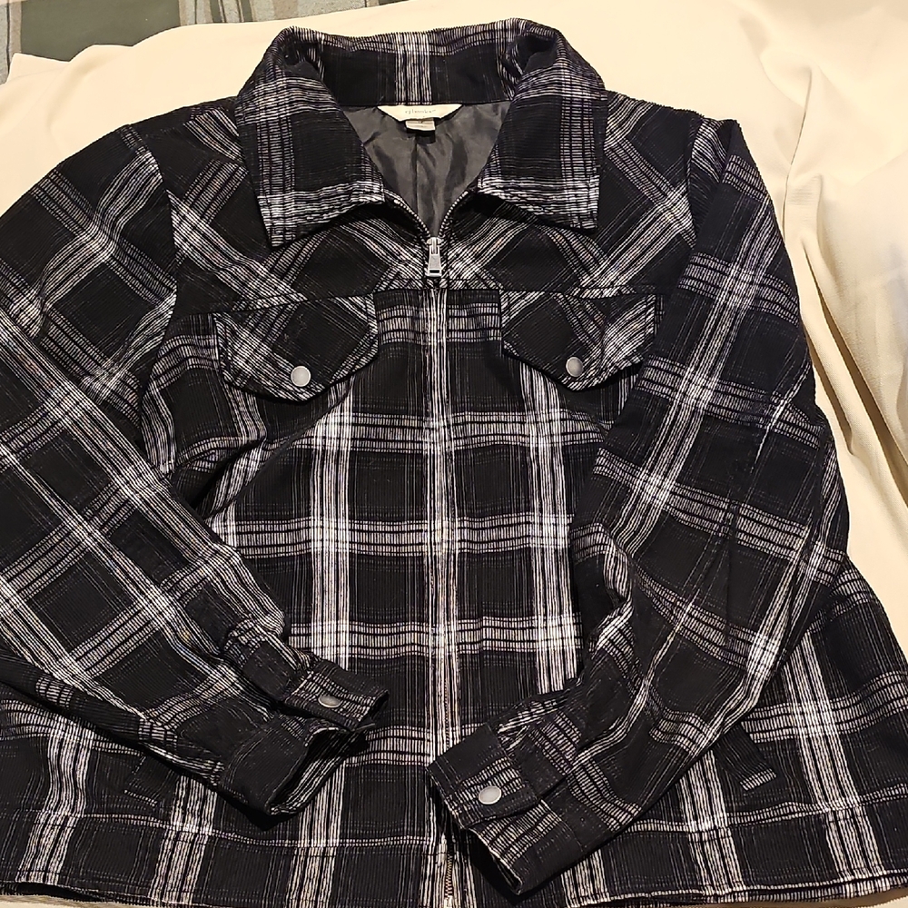 CJ Banks 1X Black and White Plaid Corduroy Bomber Style Jacket Zip Front Lined
